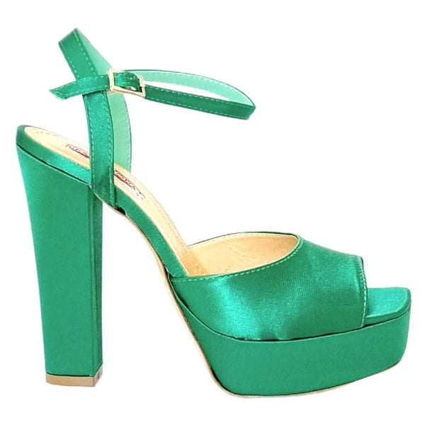 Sandale dama din piele naturala si satin cu platforma, Toc inalt si gros, Verde- Spaziomoda, Dame Rado Smeraldo