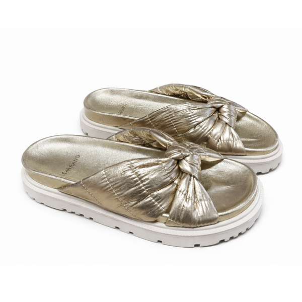 Saboti dama din textil si piele naturala, gold, CARRANO 680018 – saboti aurii cu barete textil si talpa 4cm, colectia SS 2026 ✨