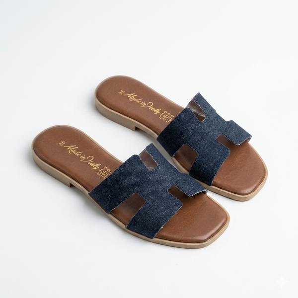 Papuci dama din piele naturala si material jens, bleumarin -Made in Italy H Jeans