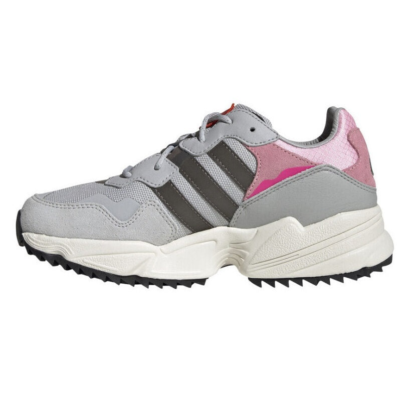 adidas YUNG-96 J Women sneaker in gray and pink colorway with rubber sole and textile upper.