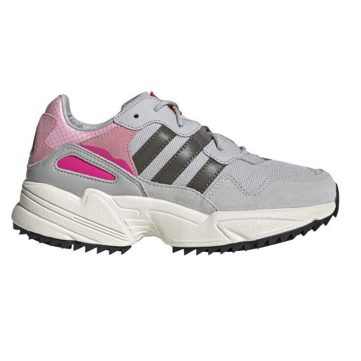 adidas YUNG-96 J Women in gray and pink colorway with textile and rubber materials.