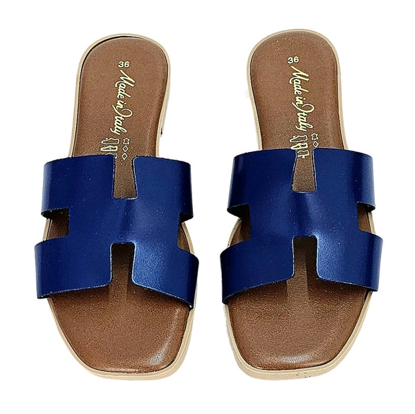 Papuci dama din piele naturala, Albastru-Made in Italy, H Blu