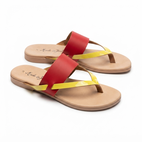 Papuci dama din piele naturala, rosu- Made in Italy Delphine Rosso/Giallo