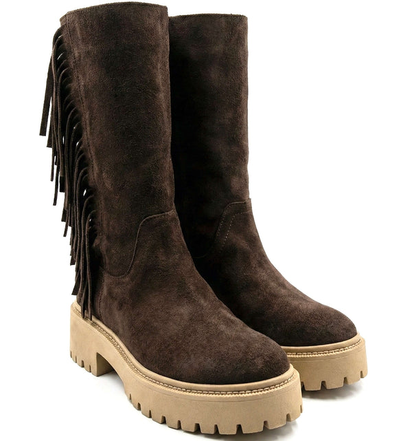 Cizme dama din piele naturala întoarsă, maro-Made în Italy, Art 3038 TMORO-R13 cu franjuri elegante.