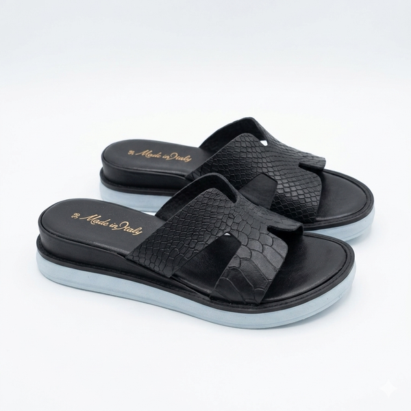 Papuci din piele naturala, Negru-Made in Italy, Zeppa H Nero Snake-B