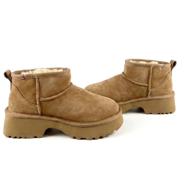 Ghete dama din piele naturala întoarsă, maro-SHEEPSKIN, Art 1786 MONTONE CAMEL-R13, cu toc de 5 cm si platforma de 3,5 cm.