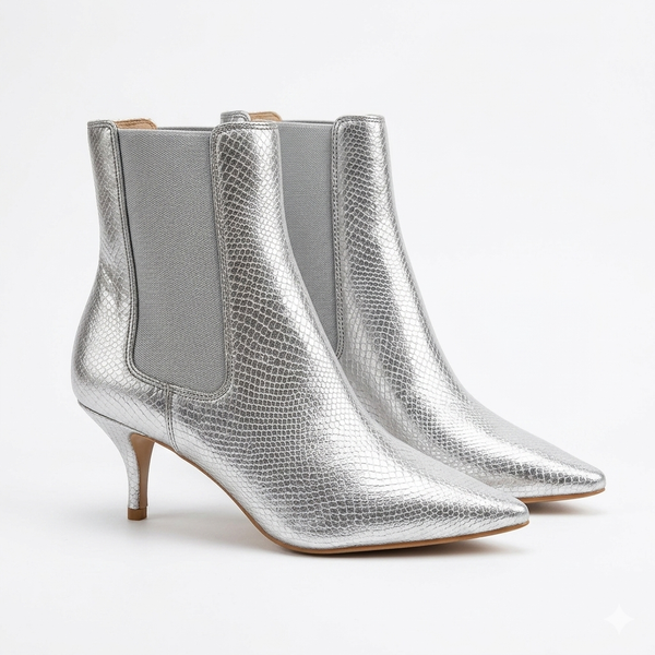 Botine dama din piele naturala cu imprimeu crocco, cu toc, silver , CARRANO 492008