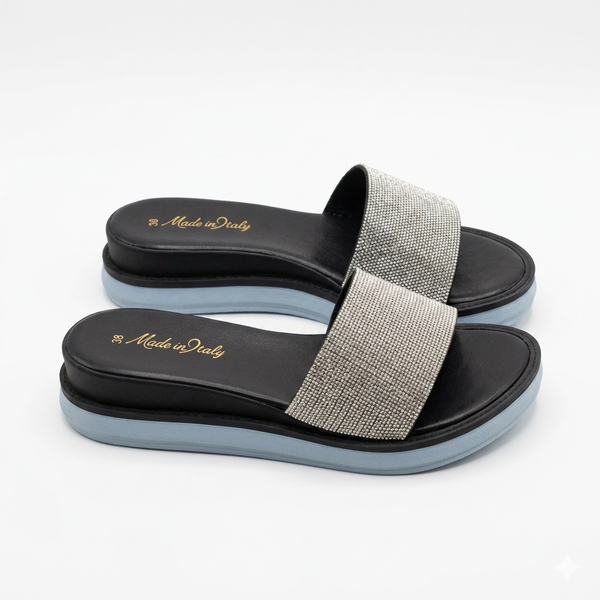 Papuci din piele naturala, Argintiu-Made in Italy, Diamante Strass Nero-B