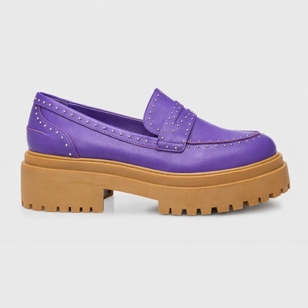Alt Tag: Mocasini dama din piele naturala, tip tractor, violet, CARRANO – talpa cauciuc 5cm, nituri metalice, Toamna 2026 💜
