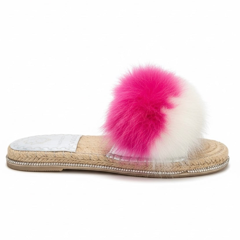 Papuci de casa cu blana naturala, Talpa din iuta, fuxia, k03-04 White Fuxia - Movie's.