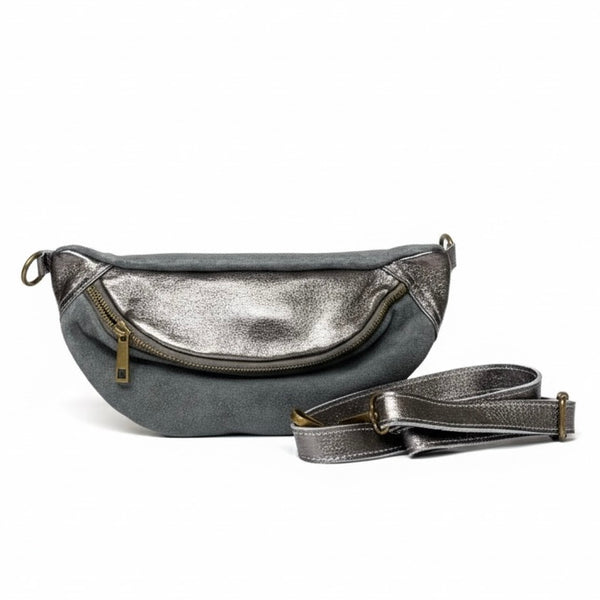 Borseta pentru femei din piele naturala intoarsa, gri laminat- Made in Italy