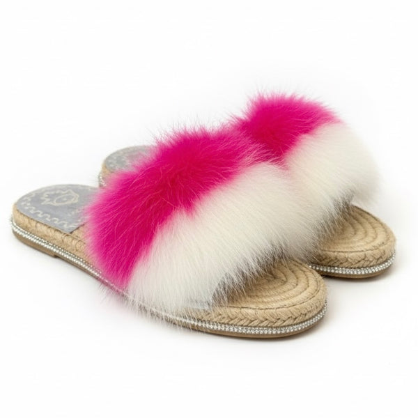 Papuci de casa cu blana naturala, Talpa din iuta, fuxia, k03-04 White Fuxia - Movie's