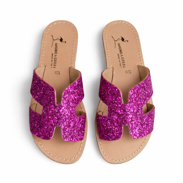 Papuci dama din piele naturala, glitter fuxia - ANDREA GELLI Lido 501