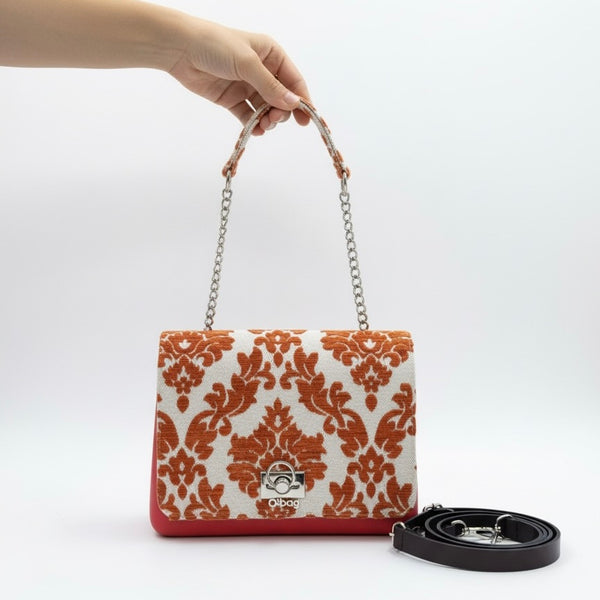 O bag, Geanta de umar medie pentru dama cu manere detașabile, rosu, design elegant cu detalii florale.