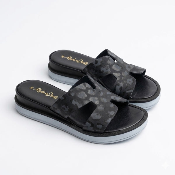Papuci din piele naturala, negru- Donna Toscana Zeppa Nero Maculato B