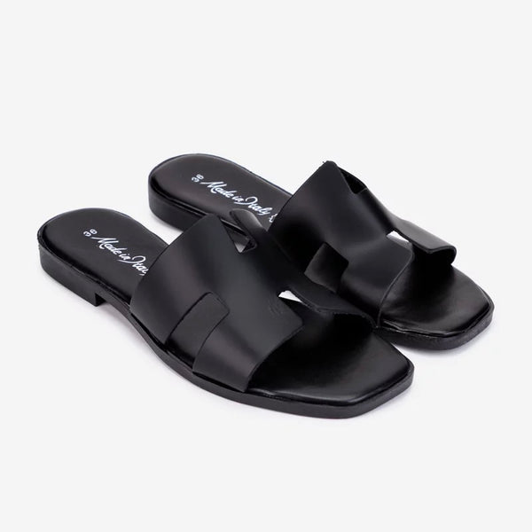 Papuci dama din piele naturala, negru, stil modern, confortabili, fabricati in Italia, colectia vara 2024.
