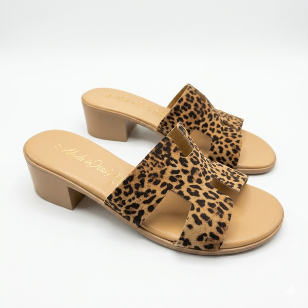 Papuci cu toc din piele naturala nabuk, Bej-Made in Italy, H Leopardo, R4