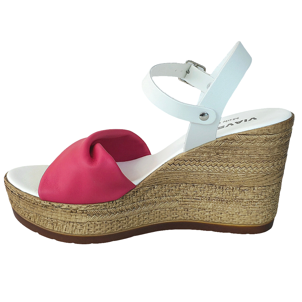Sandale dama din piele naturala, alb si corai, cu talpa eco, inaltime platforma 9,5 cm, Made in Italy.