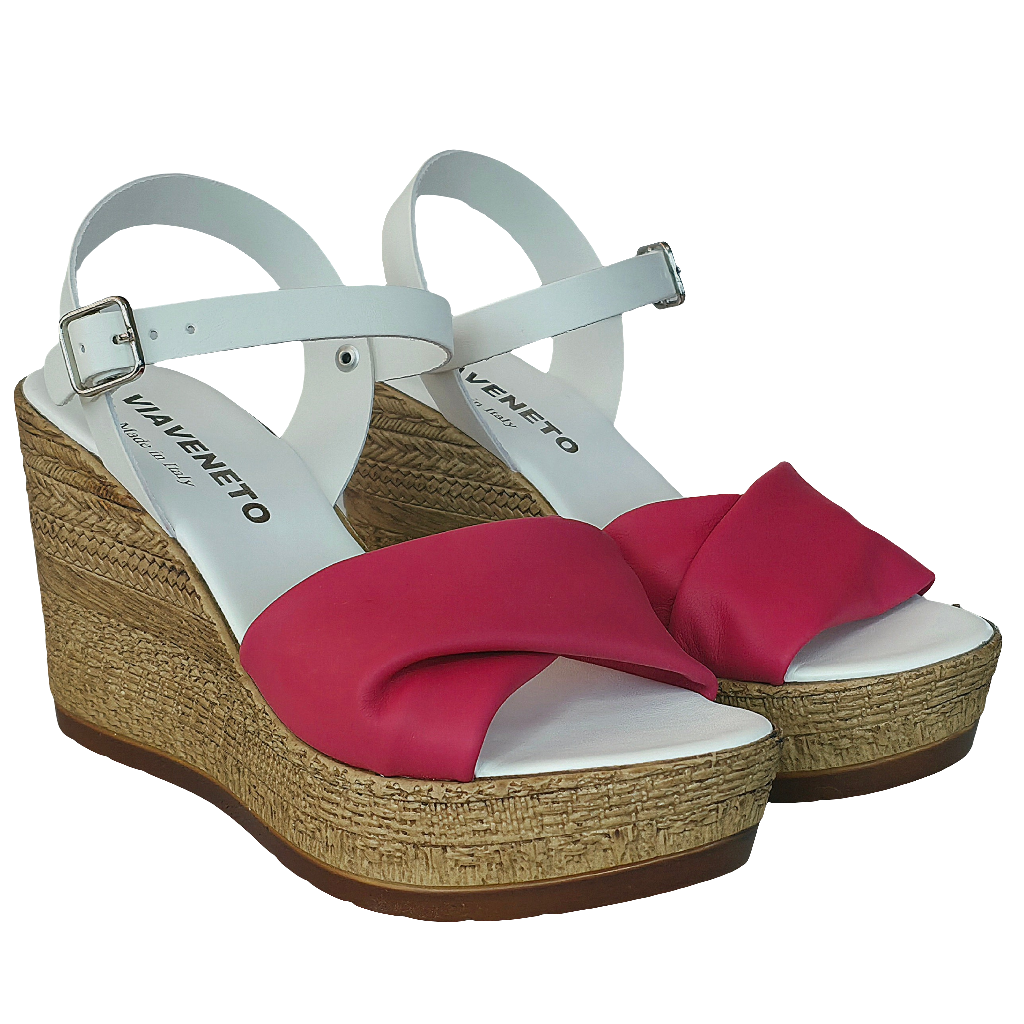 Sandale dama din piele naturala, alb si corai, cu talpa eco, inaltime 9.5 cm, Made in Italy