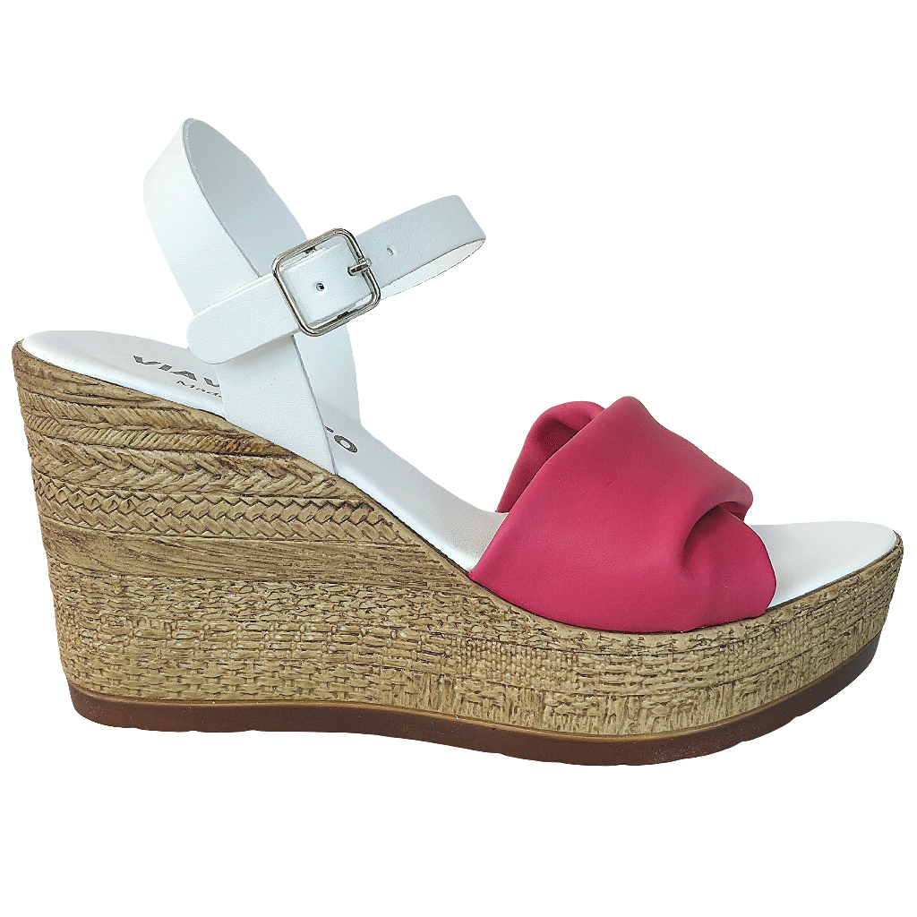 Sandale dama din piele naturala alb si corai, cu talpa ecologica, platforma de 9,5 cm, Made in Italy, Colectia Vara 2025.