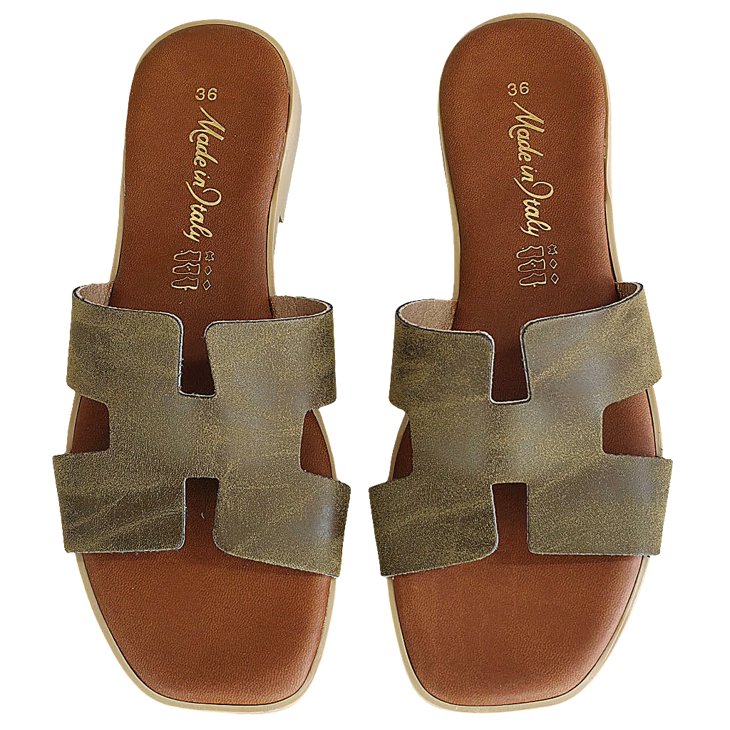 Papuci dama din piele nabuk verde kaki, model elegant, Made in Italy, Colectia Vara 2025.