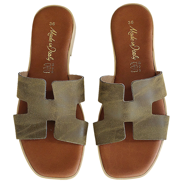 Papuci dama din piele naturala nabuk, Verde kaki-Made in Italy, H Nuvolato