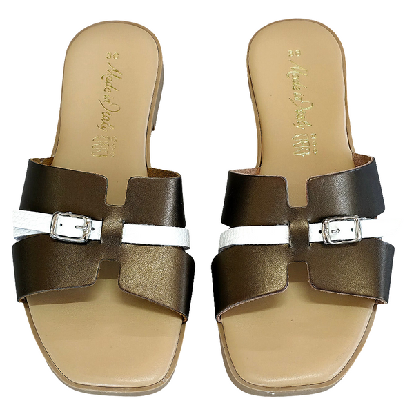 Papuci dama din piele naturala Aramiu/Alb, Made in Italy, Manuela Arame Bianco-R14, pentru vara 2025.