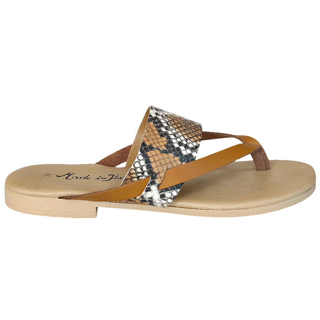 Elegant women's leather sandals, snakeskin design, made in Italy, eco-friendly interior, perfect for summer 2025.