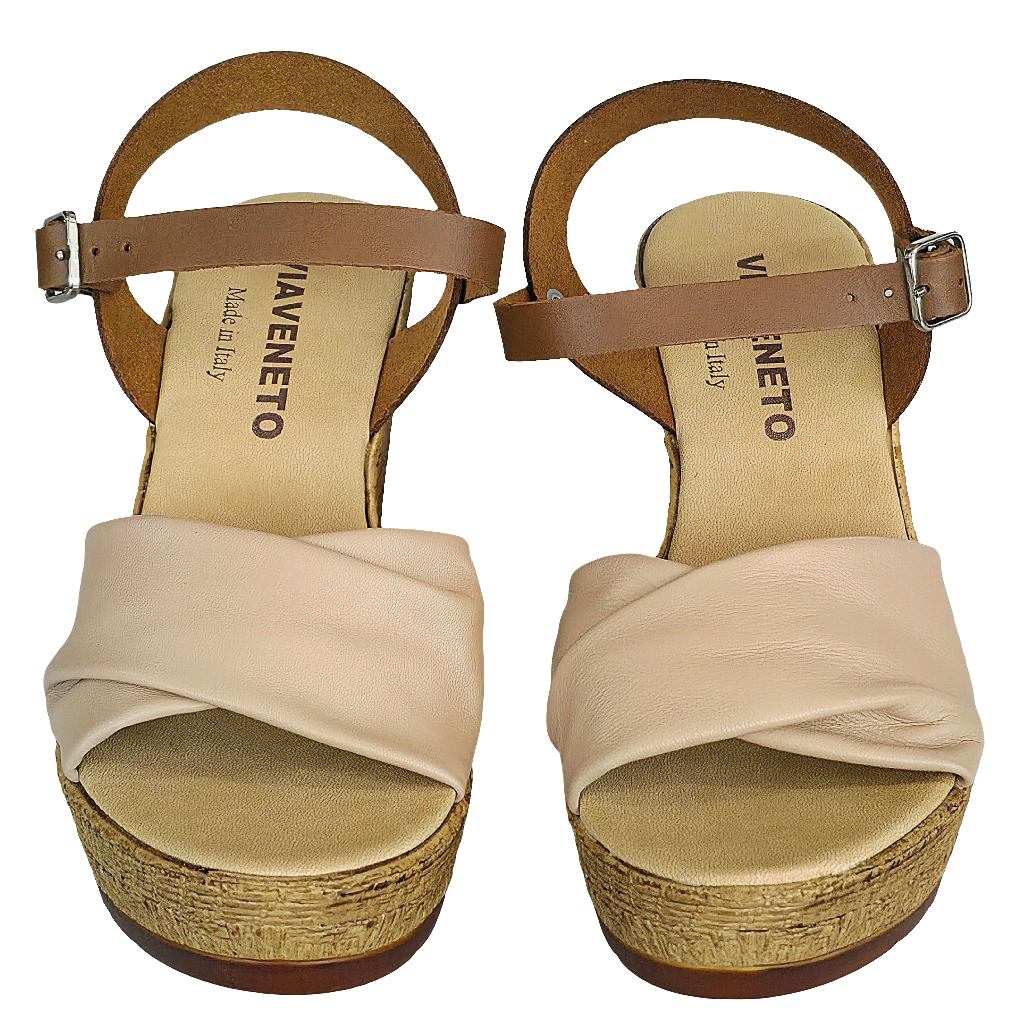 Sandale dama din piele naturala bej/maro, platforma eleganta, Made in Italy, Colectia Vara 2025.
