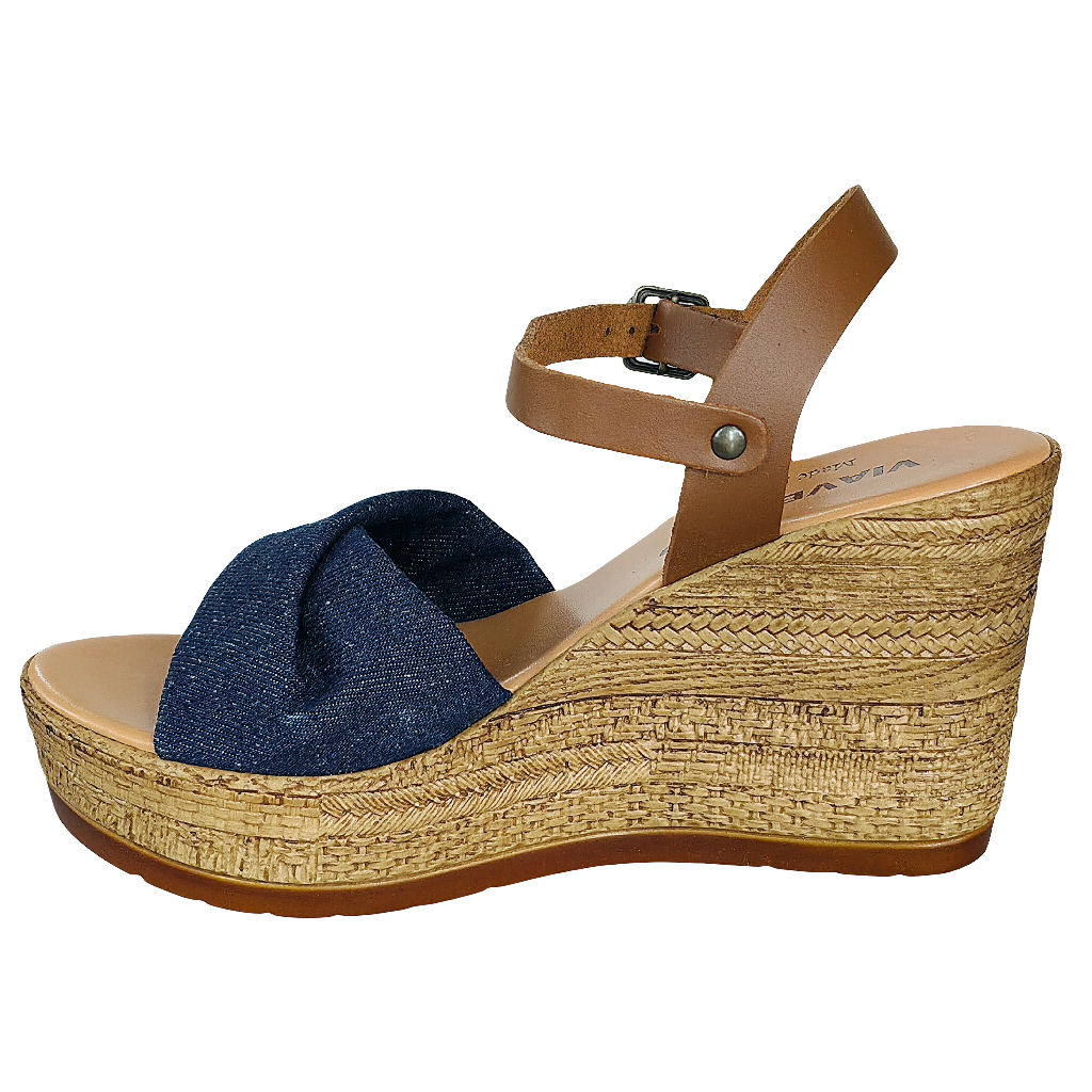 Sandale dama din piele naturala si textil, maro/jeans, cu talpa eco, inaltime 9,5 cm, Made in Italy 👡✨