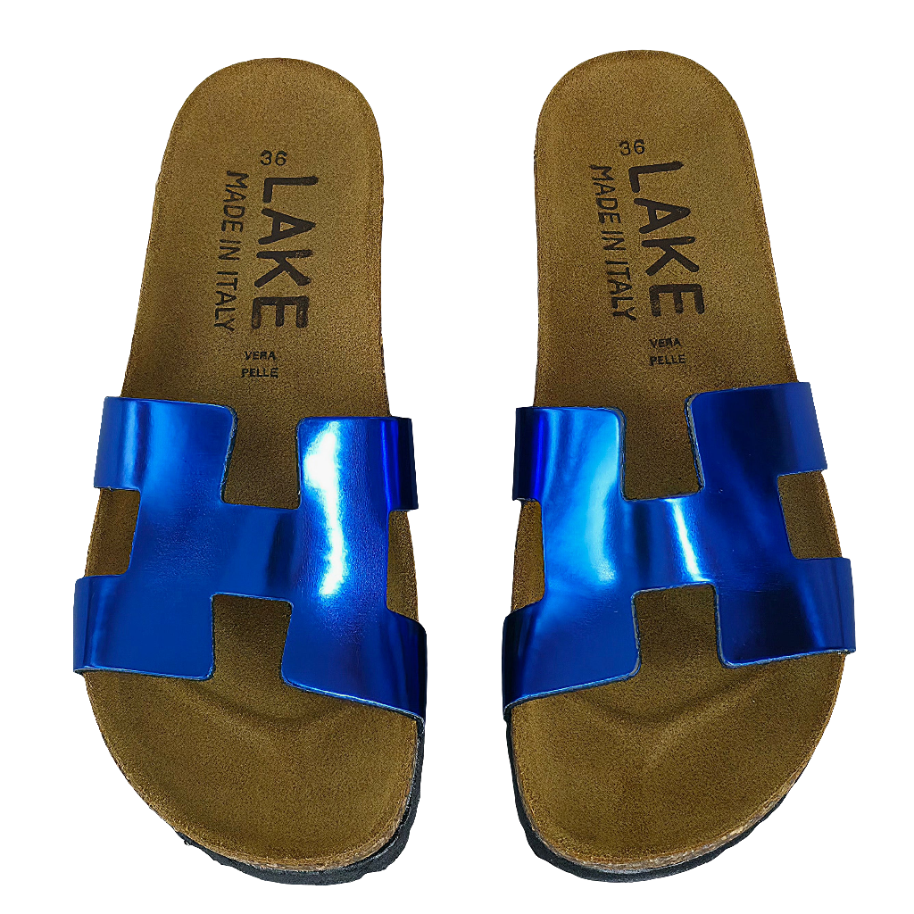 Papuci dama din piele naturala albastru sidef, made in Italy, inaltime talpa 3.5 cm, colectia Vara 2025.