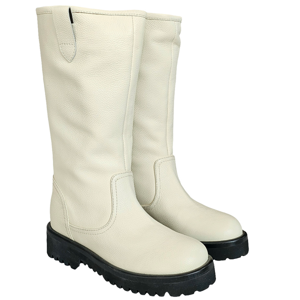 Cizme dama din piele naturala alb laptos, model tubular, inaltime 30 cm, din colectia Toamna Iarna 2024.