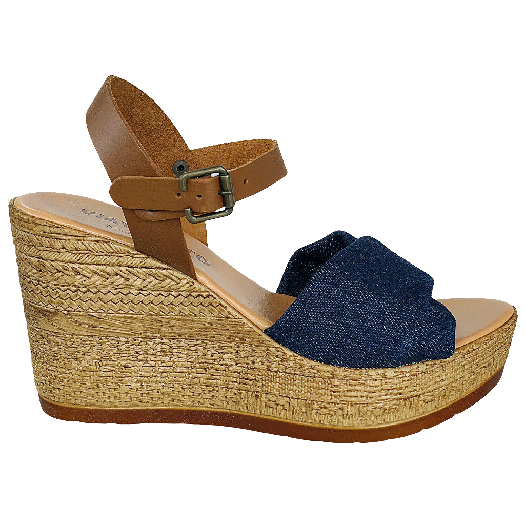 Sandale dama din piele naturala si textil, maro si jeans, made in Italy, cu platforma, colectia Vara 2025 👡✨