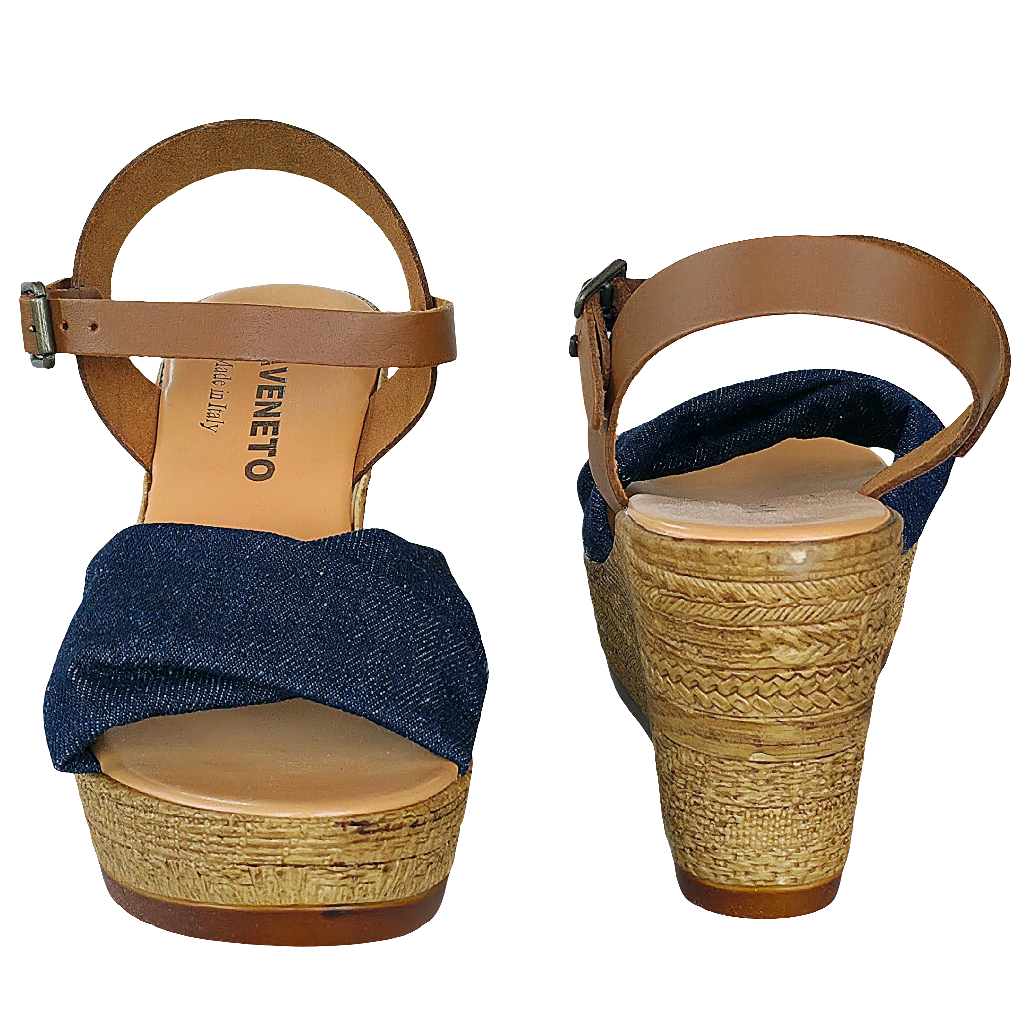 Sandale dama din piele naturala si textil, Maro/Jeans cu toc de 9,5 cm, Made in Italy 🇮🇹