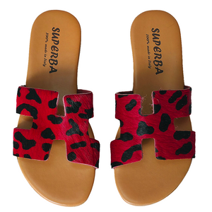 Papuci dama din piele naturala, Rosu-Superba, Art H Leop.Rosso