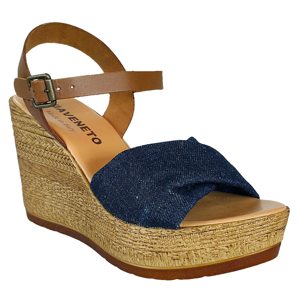 Sandale dama din piele naturala si textil, maro/jeans, cu platforma inalta. 🌞 Made in Italy.