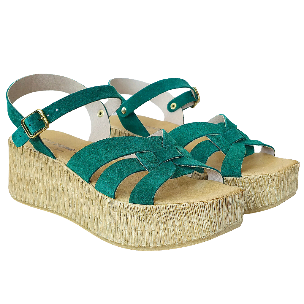 Verde suede platform sandals for women, made in Italy, featuring a 5.5 cm wedge heel and eco-friendly sole.
