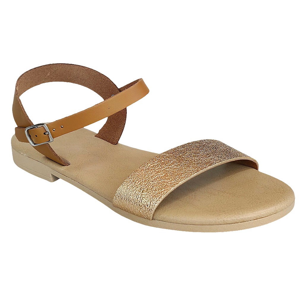Sandale dama din piele naturala maro/auriu, usor de purtat, Made in Italy, Colectia Vara 2025.