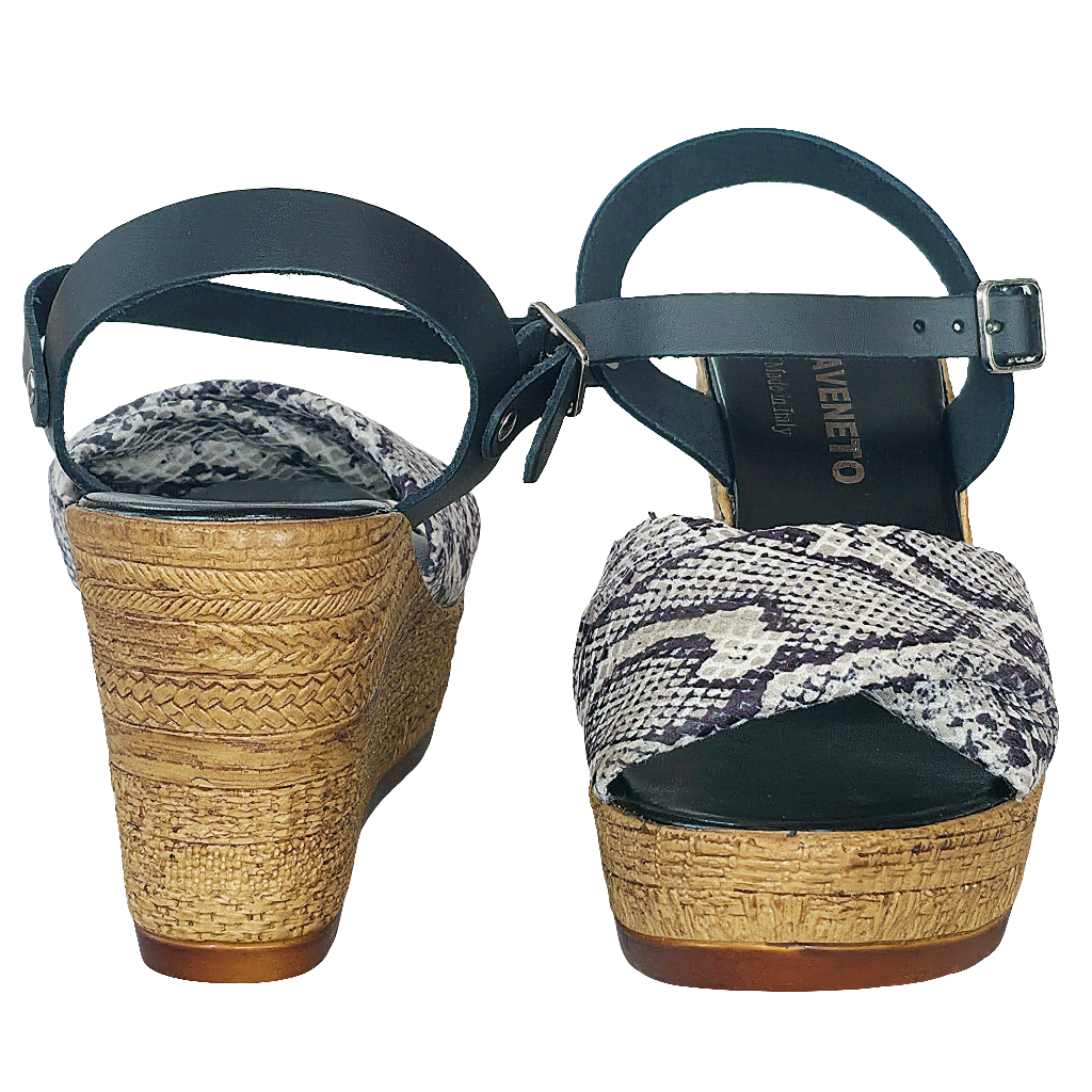 Sandale dama din piele naturala si textil, Negru/Snake, talpa ecologica, inaltime platforma 9,5 cm, Made in Italy.