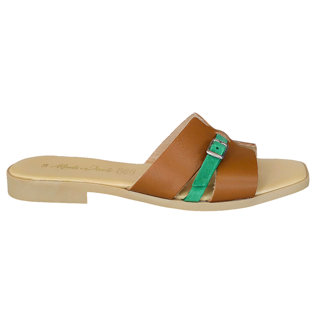 Papuci dama din piele naturala, maro, cu detalii verzi, Made in Italy, Colectia Vara 2025, confort si stil.