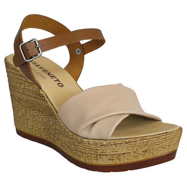 Sandale dama din piele naturala, Bej/Maro, cu talpa ecologica, inaltime platforma 9,5 cm, Made in Italy.