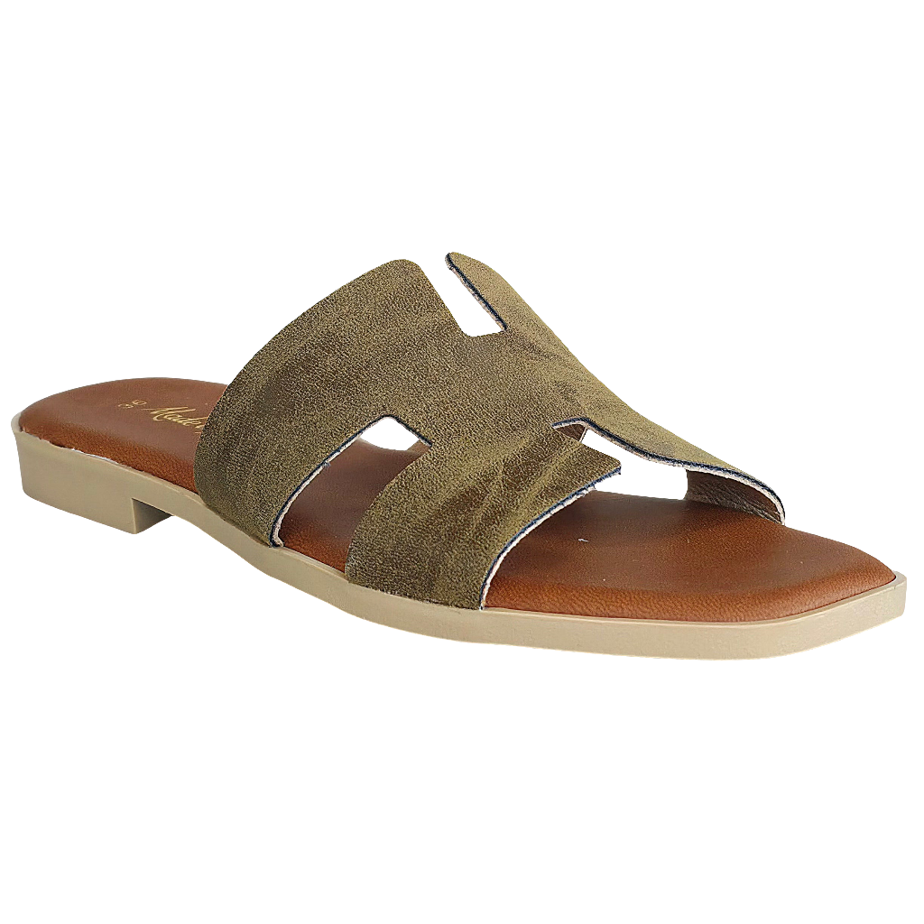 Papuci dama din piele naturala nabuk verde kaki, Made in Italy, model H Nuvolato, Colectia Vara 2025.