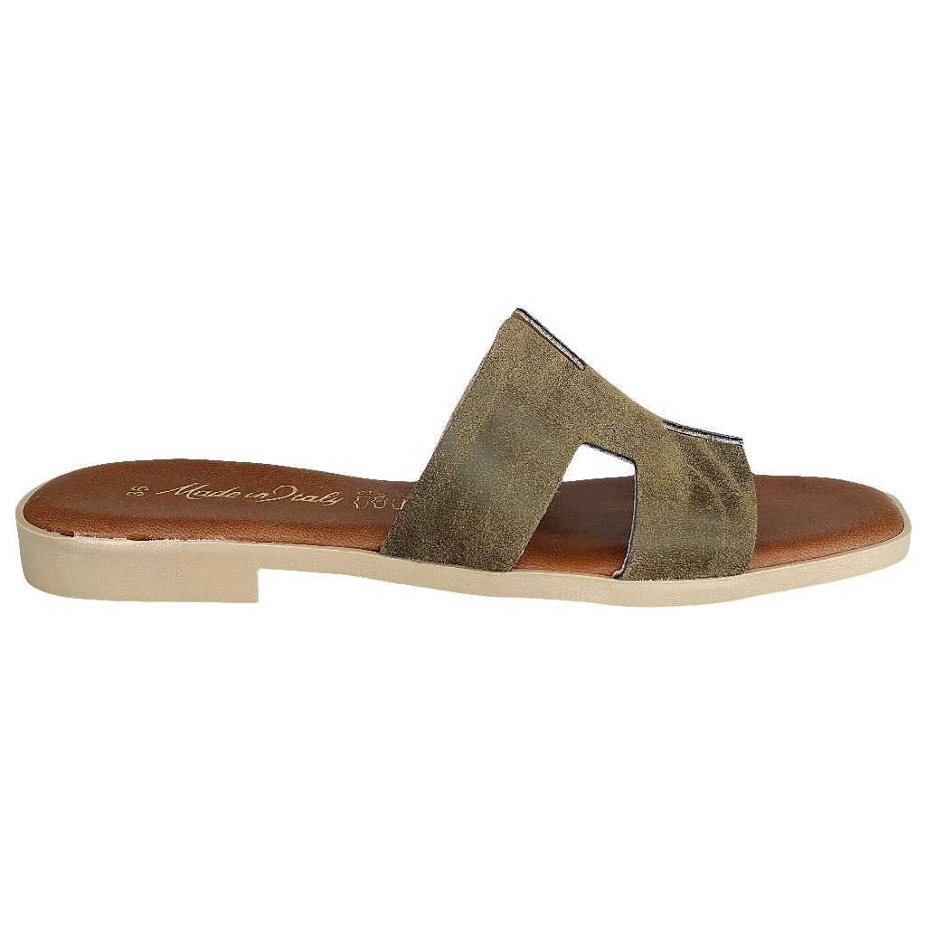 Papuci dama din piele nabuk verde kaki, confortabili, Made in Italy, din colectia Vara 2025.
