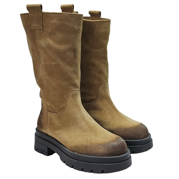 Cizme dama din piele naturala intoarsa, taupe, inaltime 26 cm, toc 5 cm, colectia Toamna Iarna 2024, fabricate in Italia.