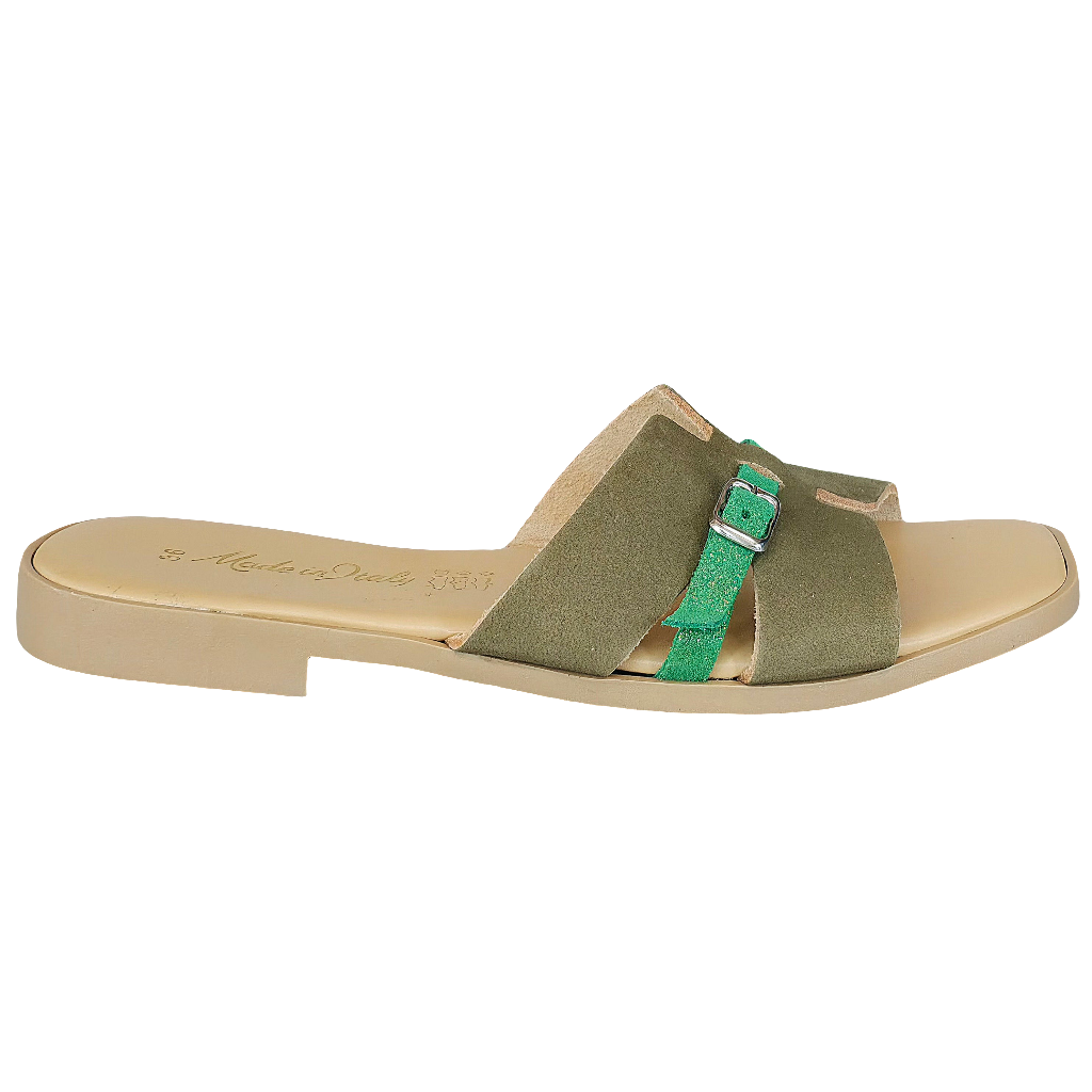 Papuci dama din piele naturala intoarsa, verde, Made in Italy, colectia Vara 2025, confortabili si elegant.