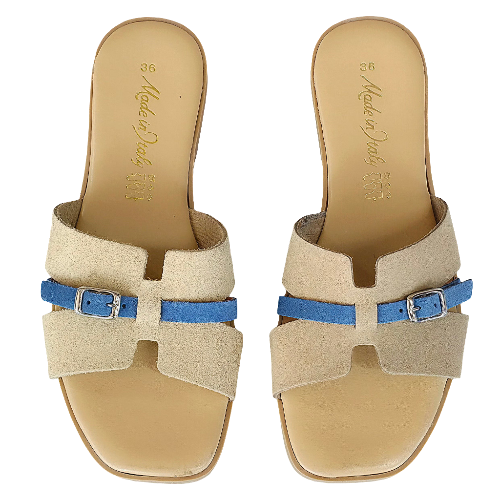 Papuci dama piele naturala intoarsa bej cu detalii albastre, Made in Italy, Colectia Vara 2025, stil elegant.