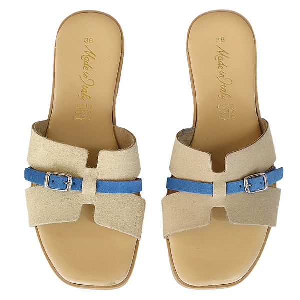 Papuci dama din piele naturala intoarsa, Bej- Made in Italy, Manuela Beige Blu