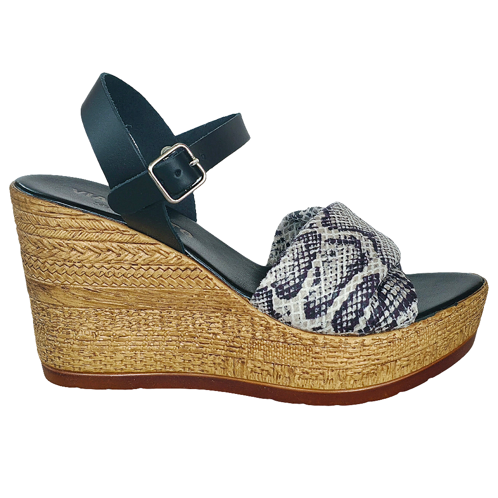 Sandale dama din piele naturala si textil, negru/snake, cu talpa ecologica, made in Italy, Colectia Vara 2025.