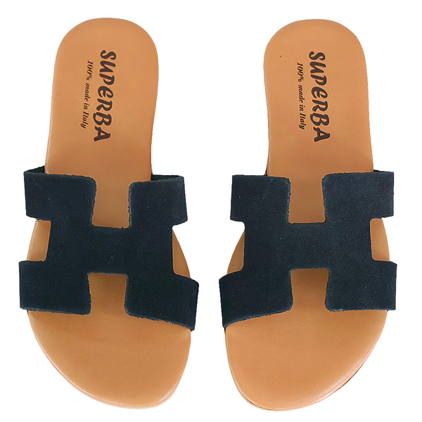 Papuci dama din piele naturala intoarsa, Negru-Superba, Art H Camoscio Nero, R8