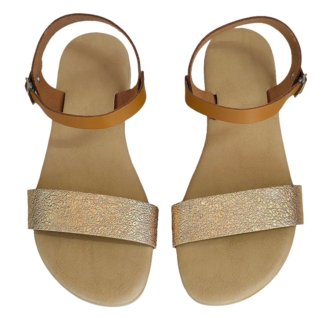 Sandale dama din piele naturala, maro/auriu, Made in Italy, colectia Vara 2025, material ecologic.
